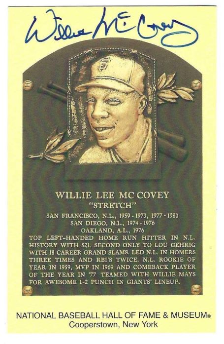 Autographed Willie McCovey Hall of Fame Gold Plaque Postcard