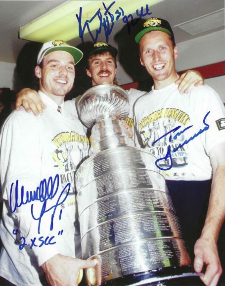 Autographed WENDELL YOUNG, KEN WREGGET and TOM BARRASSO 8X10 Pittsburgh Penguins Photo