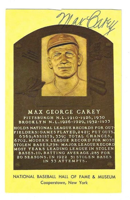 Autographed Max Carey Hall of Fame Gold Plaque Postcard