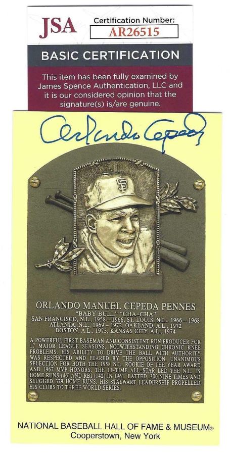 Autographed Orlando Cepeda Hall of Fame Gold Plaque JSA