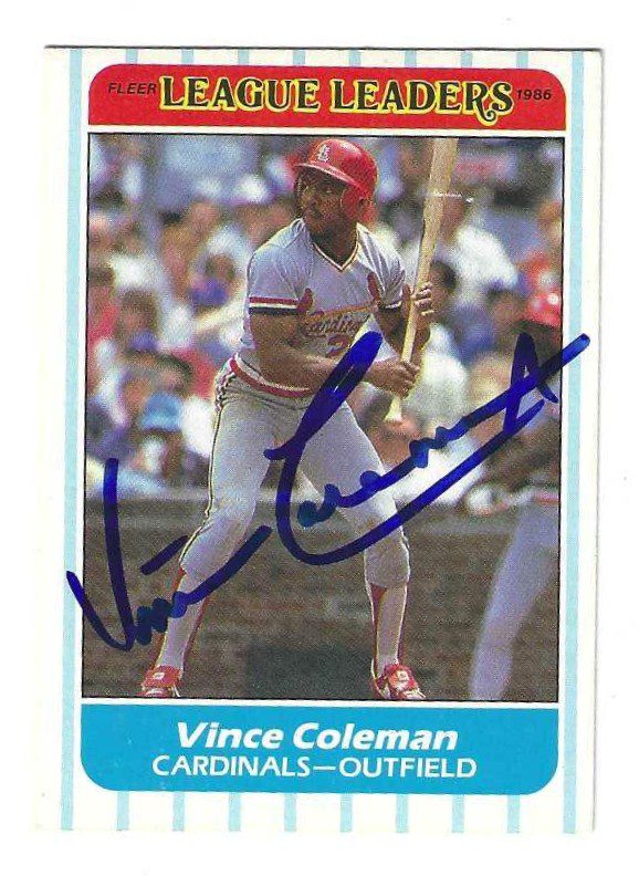 Autographed VINCE COLEMAN St. Louis Cardinals 1986 Fleer League Leaders Card