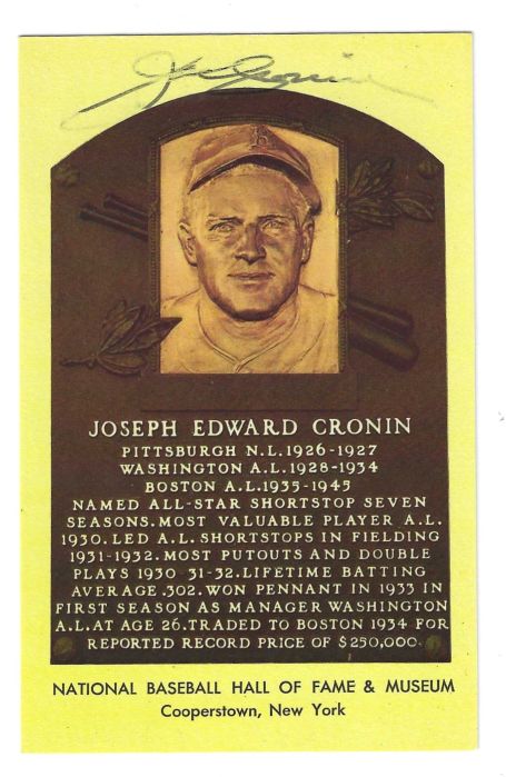 Autographed JOE CRONIN Hall of Fame Gold Plaque Postcard