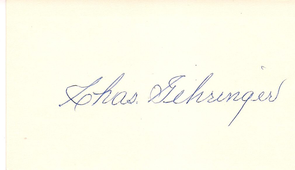 Autographed CHARLES GEHRINGER 3x5 Index Card