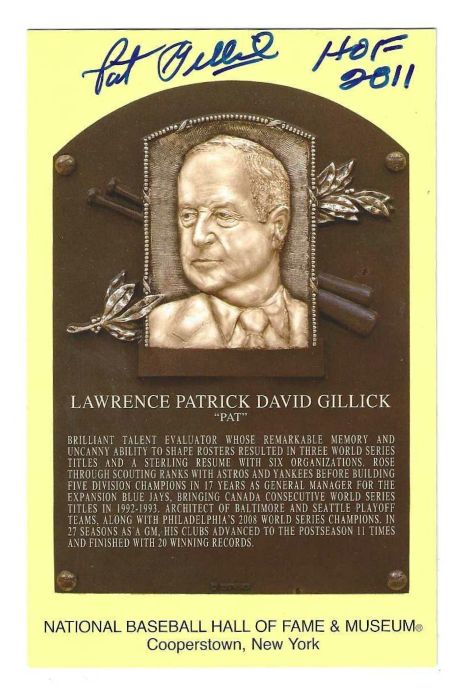 Autographed Pat Gillick Hall of Fame Gold Plaque Postcard
