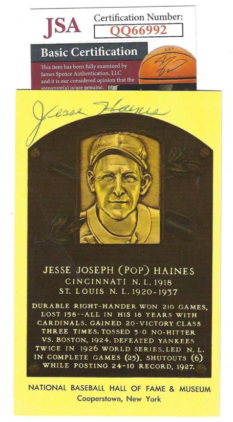 Autographed Jesse Haines Hall of Fame Gold Plaque JSA