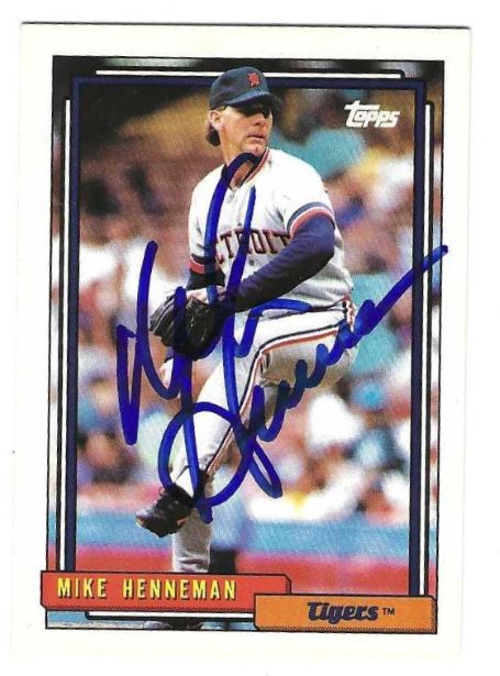 Autographed MIKE HENNEMAN Detroit Tigers 1992 Topps Card