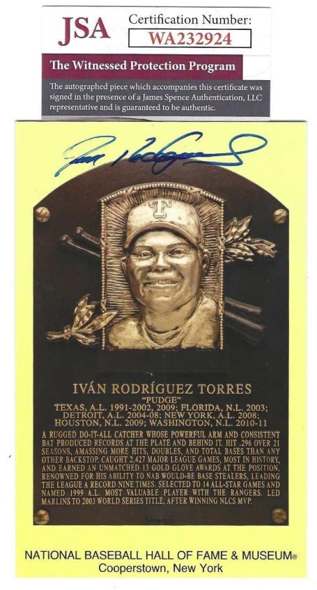 Autographed IVAN RODRIGUEZ Hall of Fame Gold Plaque Postcard JSA Witness