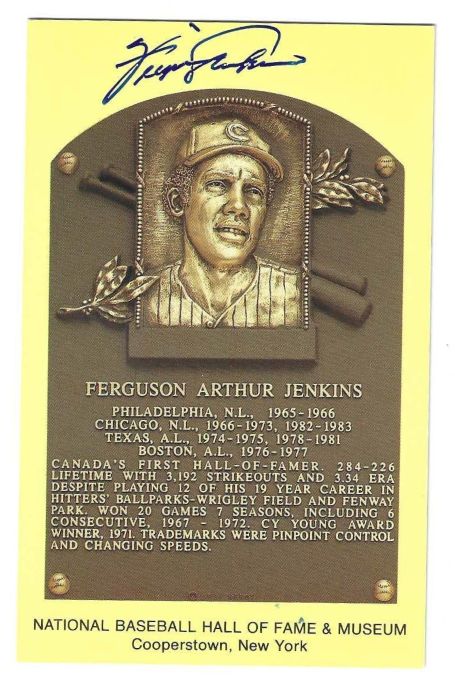 Autographed Fergie Jenkins Hall of Fame Gold Plaque Postcard