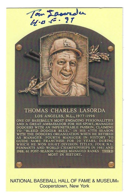 Autographed Tom Lasorda Hall of Fame Gold Plaque Postcard
