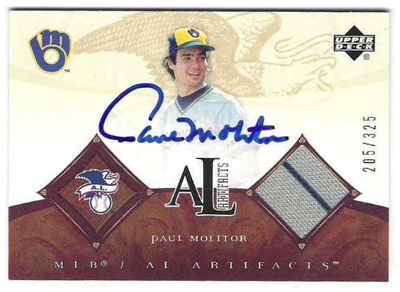 Autographed PAUL MOLITOR Milwaukee Brewers 2005 Upper Deck AL Artifacts Card