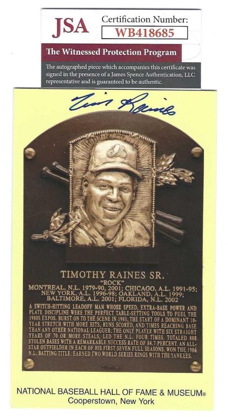 Autographed TIM RAINES Hall of Fame Gold Plaque Postcard JSA Witness
