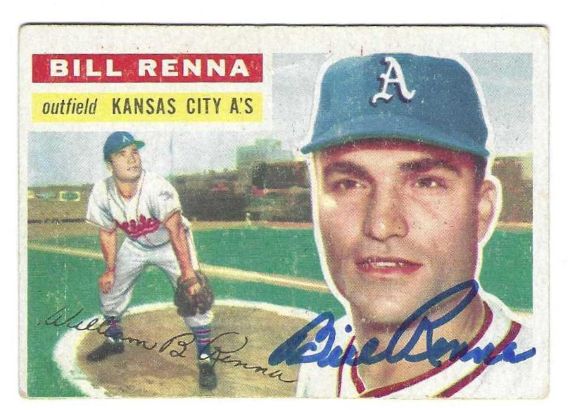 Autographed 1956 Topps BILL RENNA Kansas City A's Card