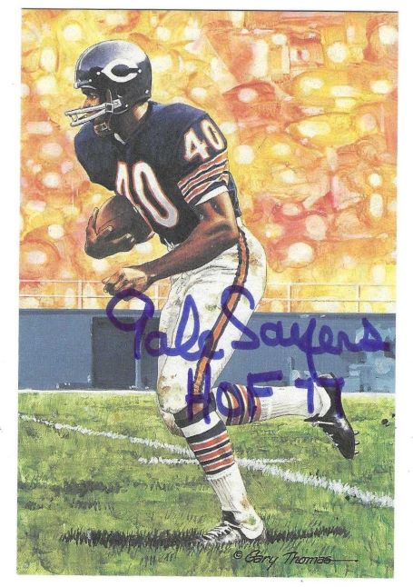 Autographed GALE SAYERS "HOF 77"  Chicago Bears Goal Line Art Postcard
