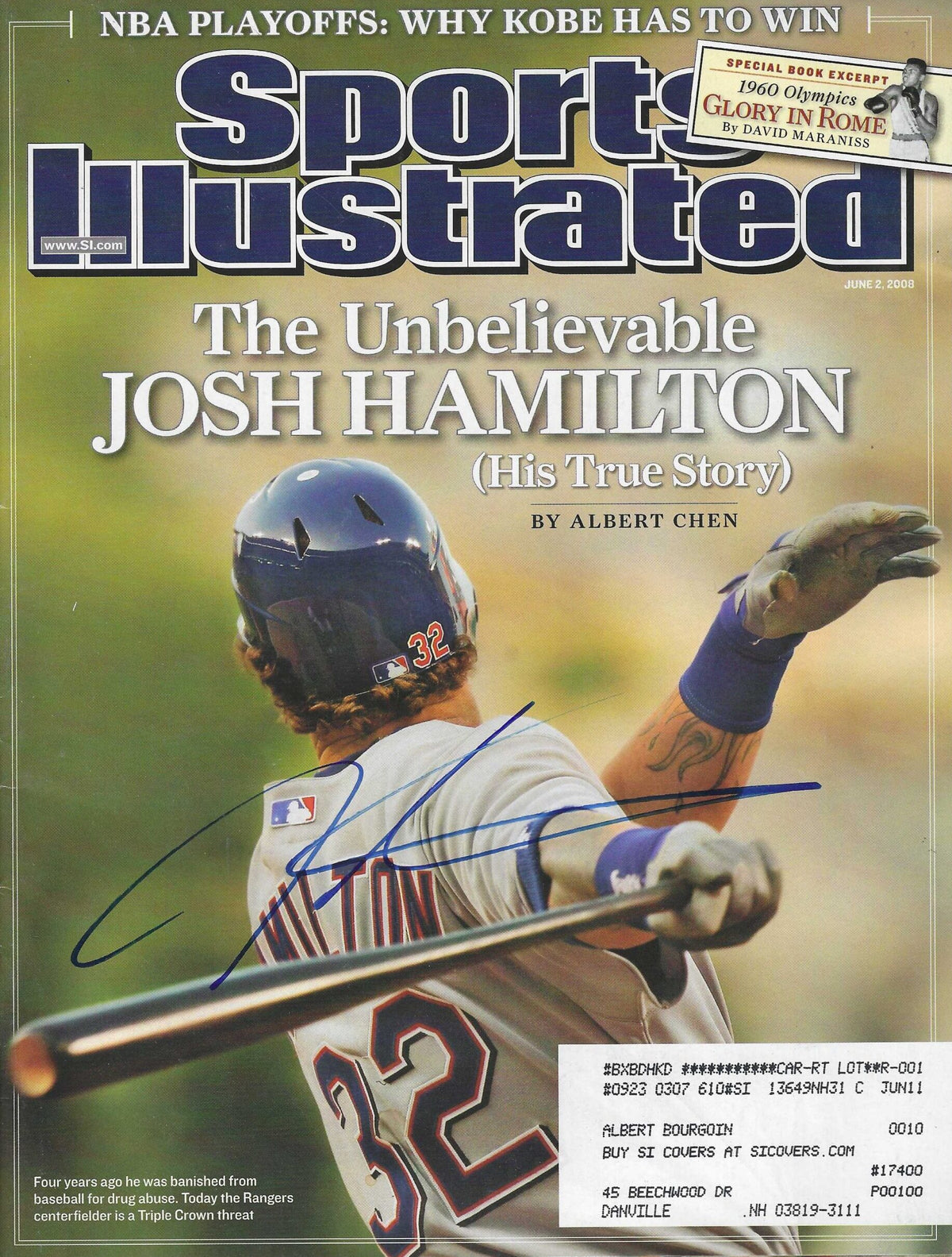 Autographed Josh Hamilton Texas Rangers Sports Illustrated Magazine 6/2/2008