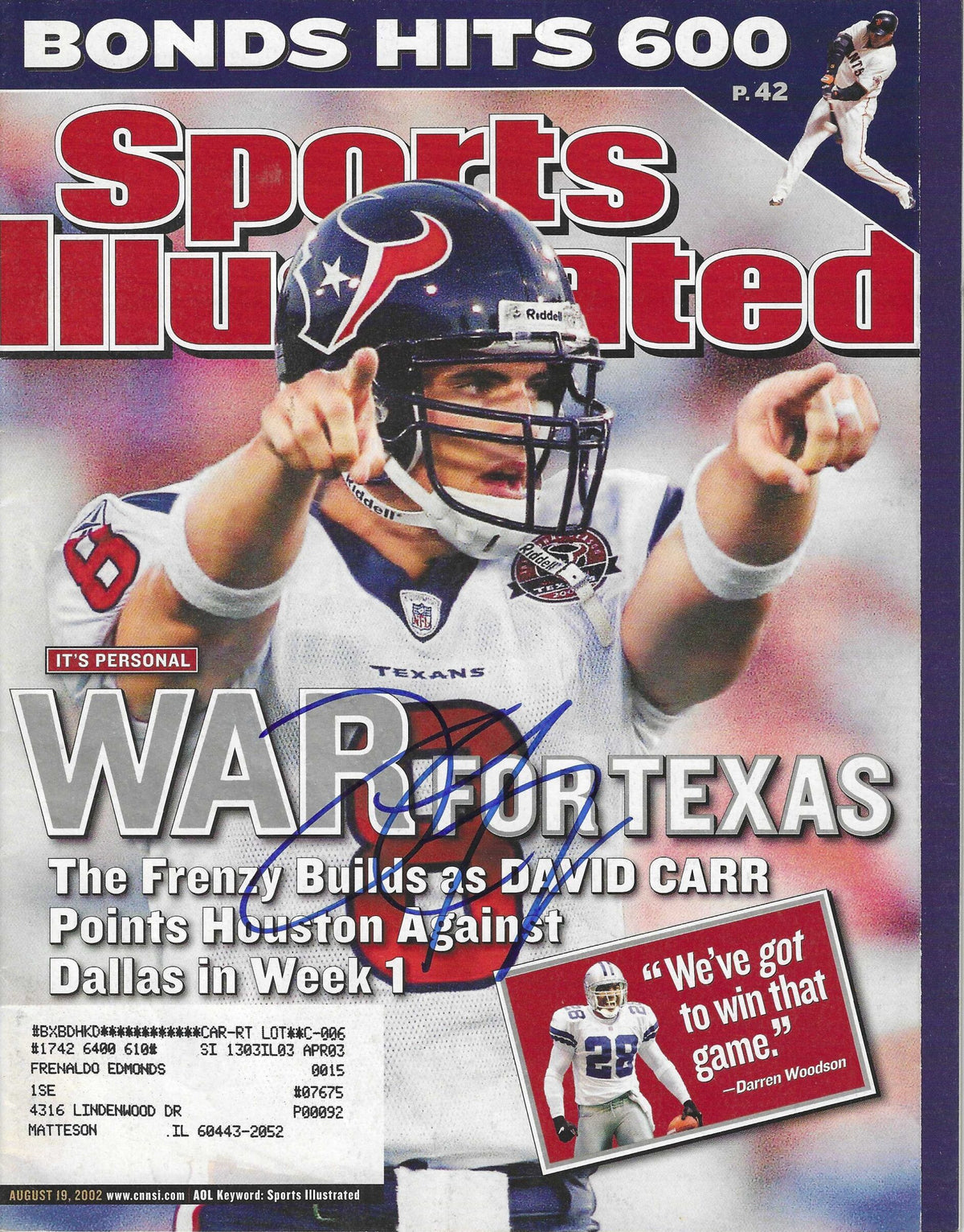 Autographed  David Carr  Houston Texans Sports Illustrated Magazine 8/19/2002