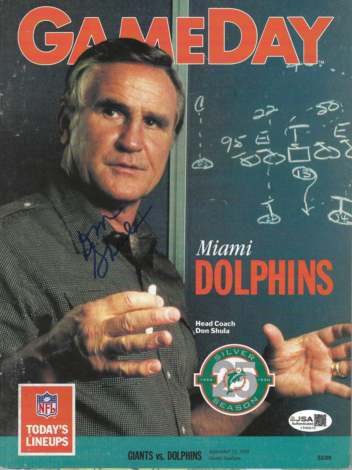 Autographed DON SHULA Miami Dolphins Gameday Magazine 9/23/1990 JSA