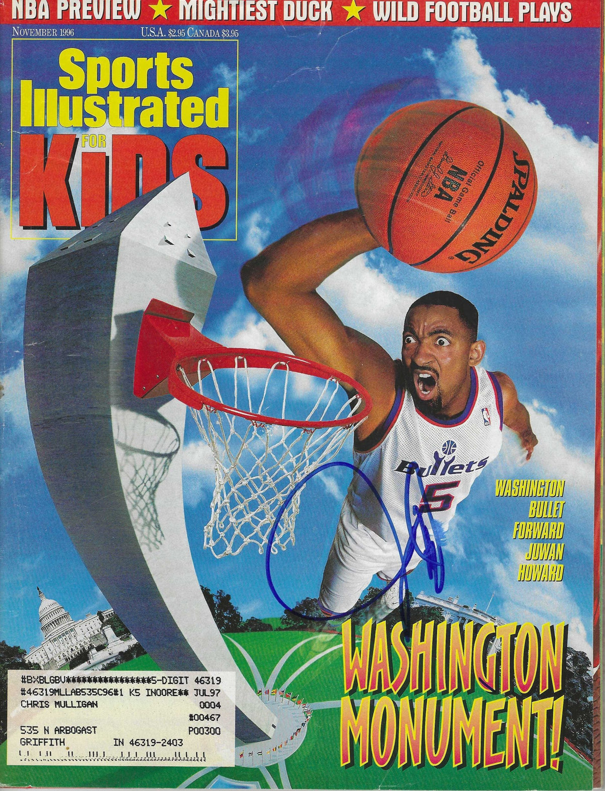 Autographed JUWAN HOWARD Washington Bullets SI for Kids November 1996