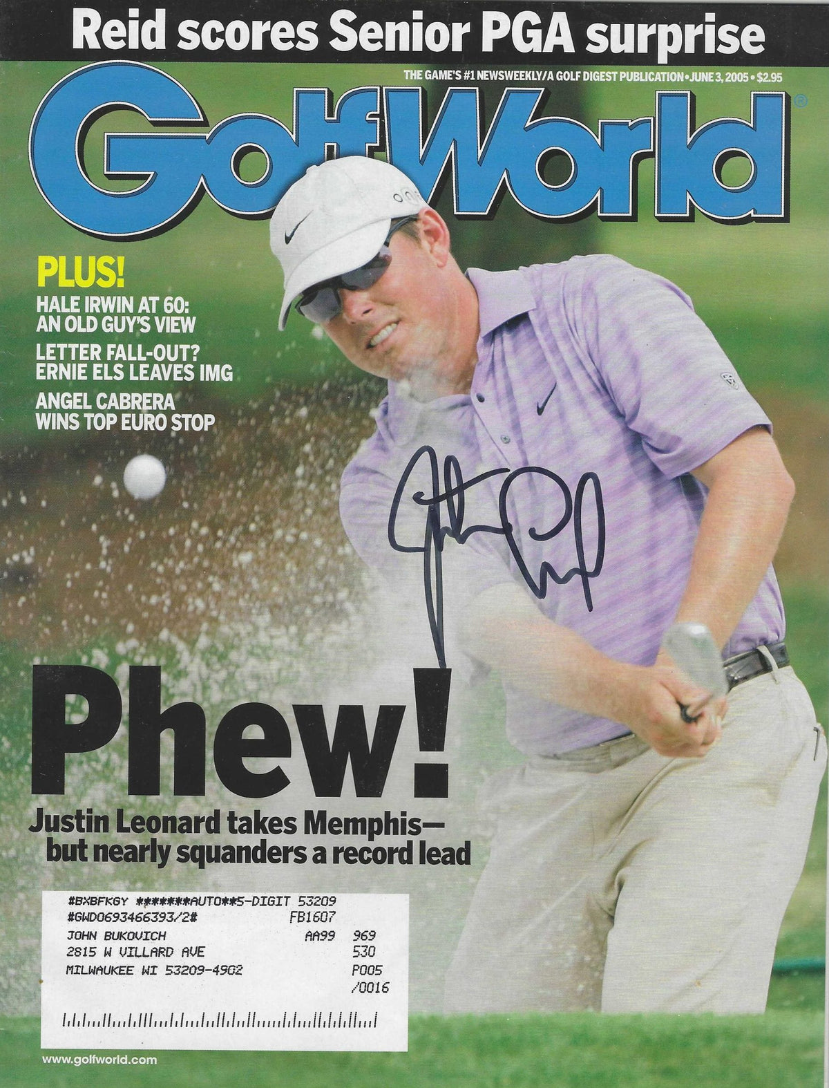 Autographed JUSTIN LEONARD Golf World Magazine 6/3/2005