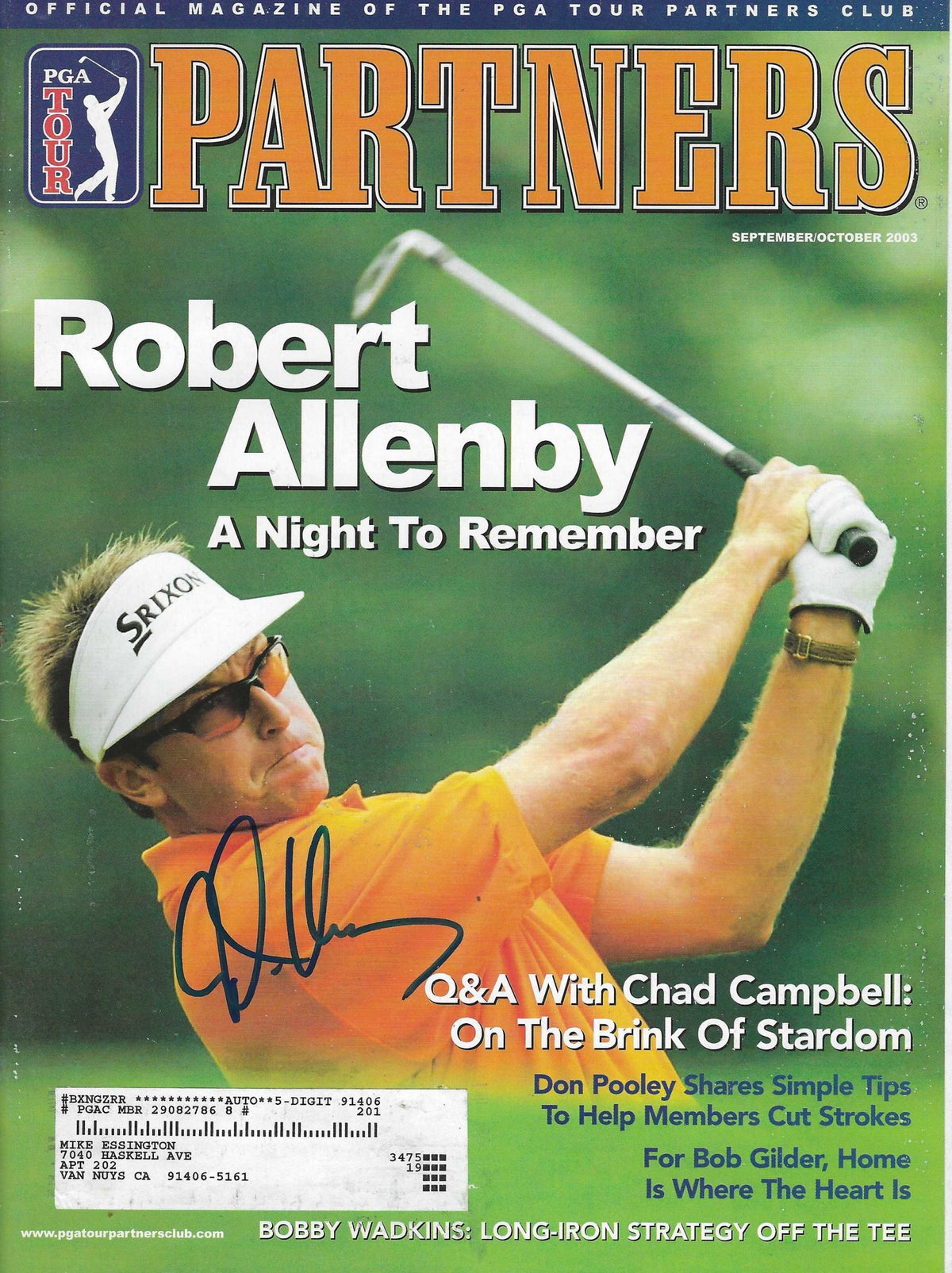 Autographed ROBERT ALLENBY PGA Tour Partners Magazine Sept/Oct 2003