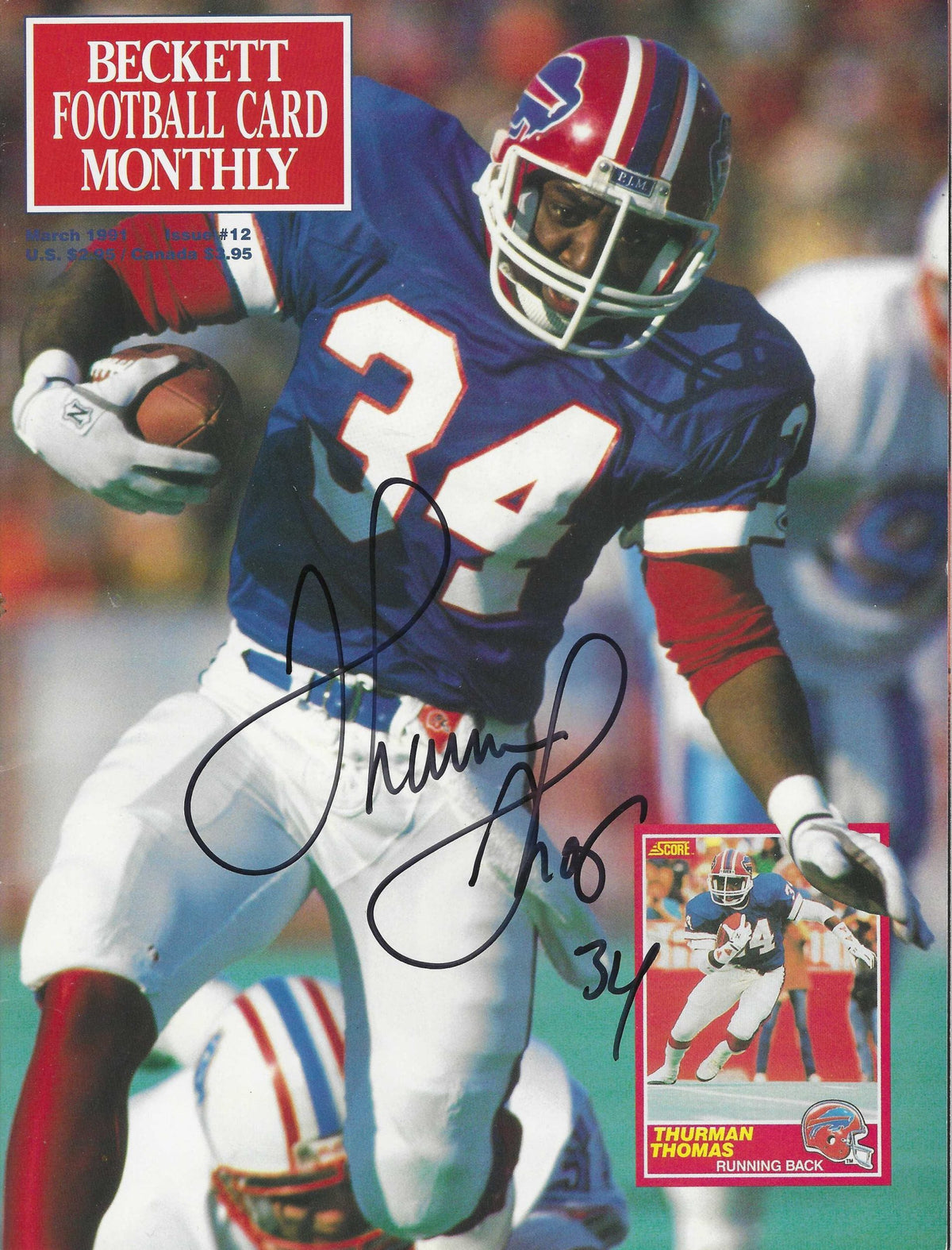 Autographed THURMAN THOMAS Buffalo Bills Beckett Football Card Monthly March 1991