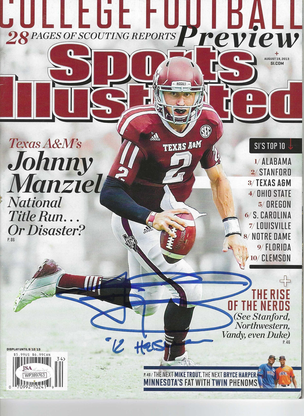 Autographed JOHNNY MANZIEL Texas A&M Aggies Sports Illustrated 8/19/2013 JSA