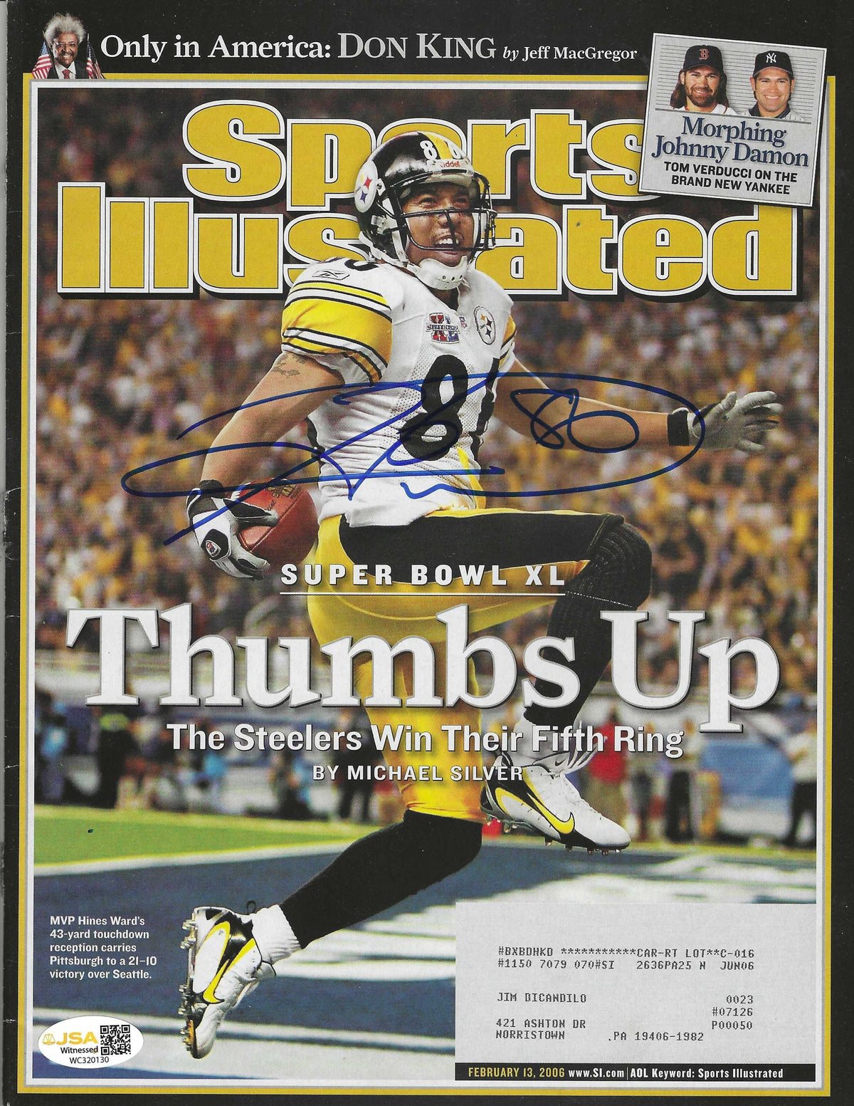 Autographed HINES WARD PITTSBURGH STEELERS Sports Illustrated 2/13/2006 JSA