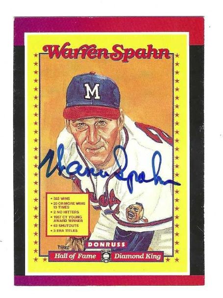 Autographed  WARREN SPAHN Milwaukee Braves 1989 Donruss Diamond Kings card #588