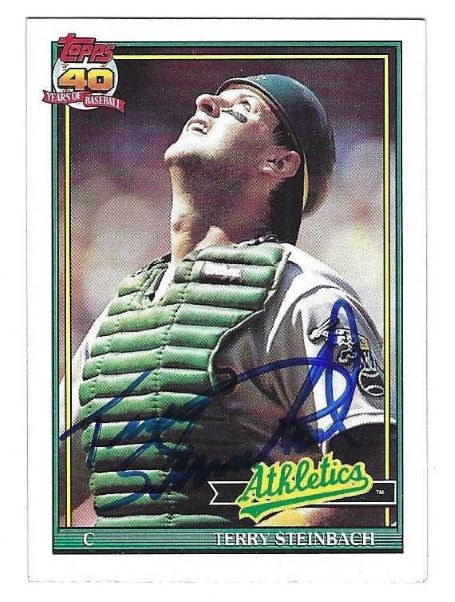 Autographed TERRY STEINBACH Oakland A's 1991 Topps Card