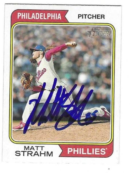 Autographed MATT STRAHM Philadelphia Phillies 2023 Topps Heritage Card