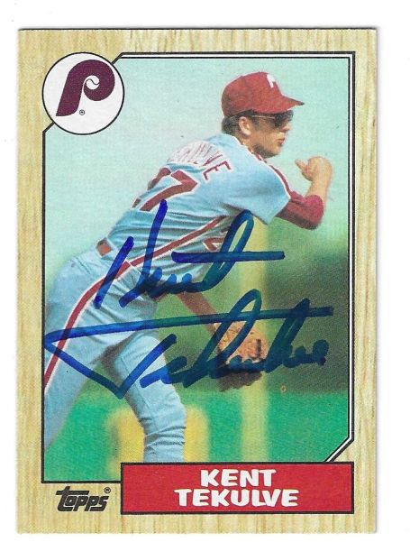 Autographed KENT TEKULVE Philadelphia Phillies 1987 Topps Card