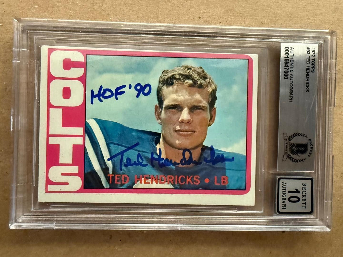 Autographed TED HENDRICKS Baltimore Colts 1972 Topps Rookie Card #93 BAS Beckett Slabbed Grade 10