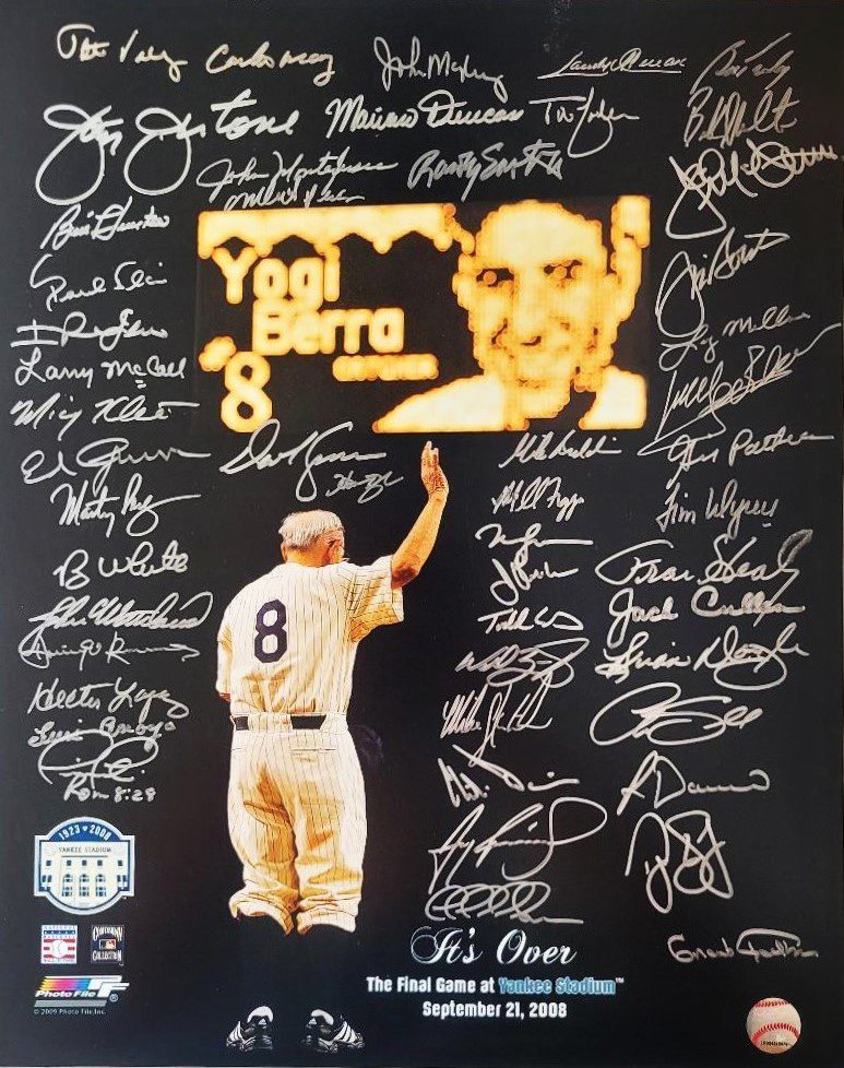 YANKEE STADIUM FINAL GAME 16x20 Photo 48 Signatures including Bouton, White, Wetteland etc.