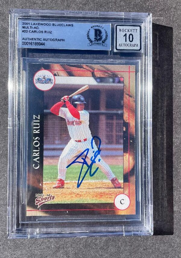 Autographed 2001 CARLOS RUIZ Lakewood Blueclaws Team Set Card #22 Beckett Slabbed Grade 10