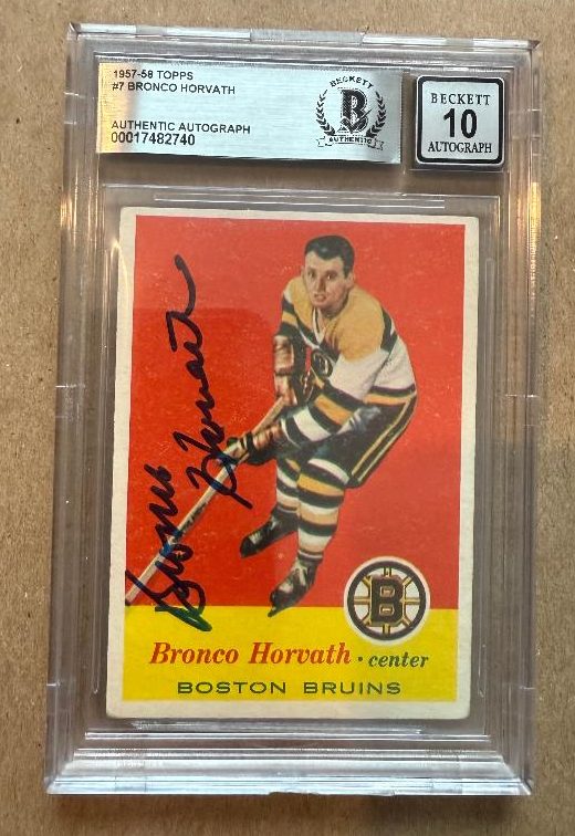 Autographed BRONCO HORVATH Boston Bruins 1957-58  Topps Card #7  BAS Beckett Slabbed Grade 10