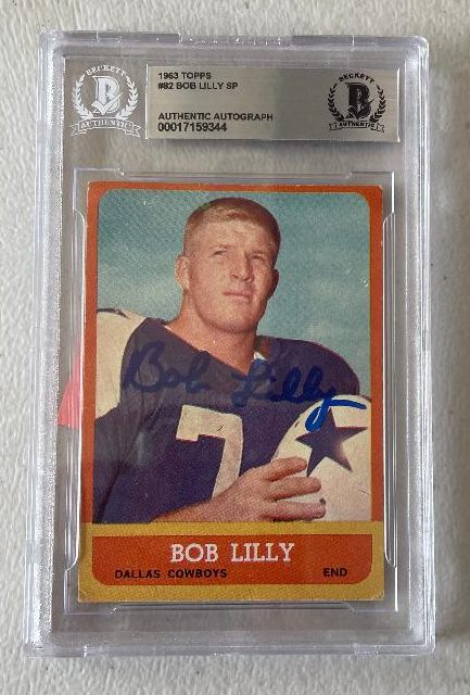 Autographed BOB LILLY Dallas Cowboys 1963 Topps Card #82 Beckett Slabbed