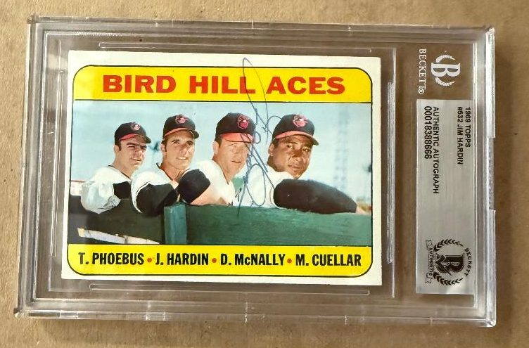 Signed JIM HARDIN Baltimore Orioles Bird Hill Aces 1969 Topps Card #532 Beckett BAS
