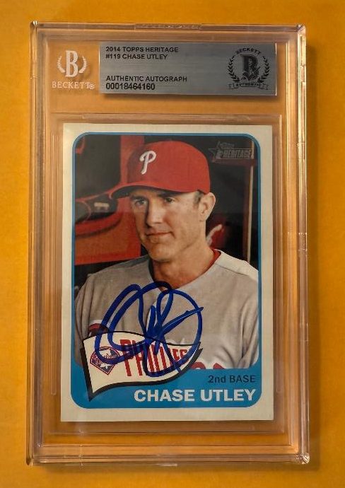 Signed Chase Utley Philadelphia Phillies 2014 Topps Heritage Card #119 Beckett BAS