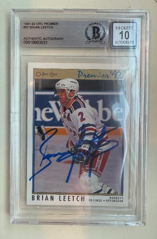 Signed Brian Leetch New York Rangers 1991-92 OPC Premier card #57 Beckett Slabbed 10