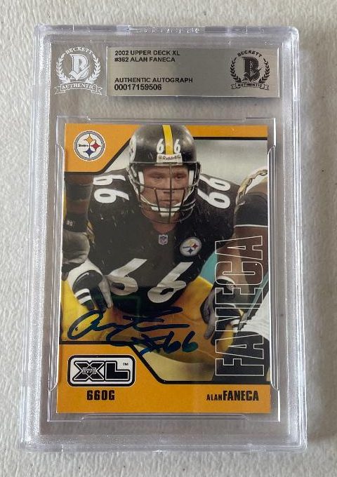Autographed ALAN FANECA Pittsburgh Steelers 2002 Upper Deck XL Card #362 Beckett Slabbed