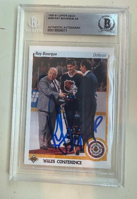 Signed Ray Bourque Boston Bruins 1990-91 Upper Deck card #489 Beckett Slabbed BAS
