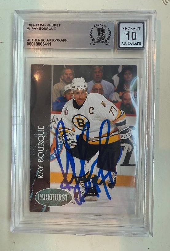 Signed Ray Bourque Boston Bruins 1992-93 Parkhurst card #1 Beckett Slabbed BAS 10