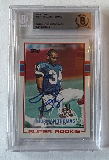 Autographed THURMAN THOMAS Buffalo Bills 1989 Topps Rookie card #45 BAS Beckett Slabbed