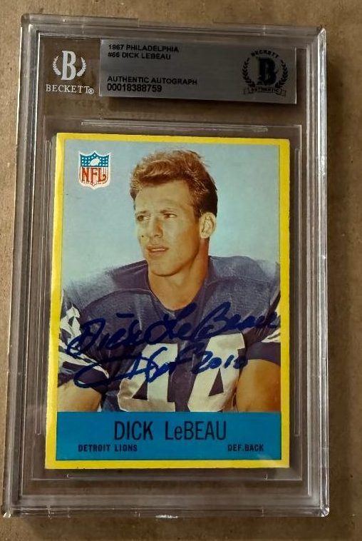 Signed DICK LeBEAU Detroit Lions 1967 Philadelphia Gum Card #66 Beckett Slabbed