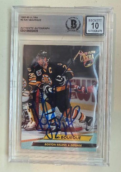 Signed Ray Bourque Boston Bruins 1992-93 Fleer Ultra card #2 Beckett Slabbed BAS 10