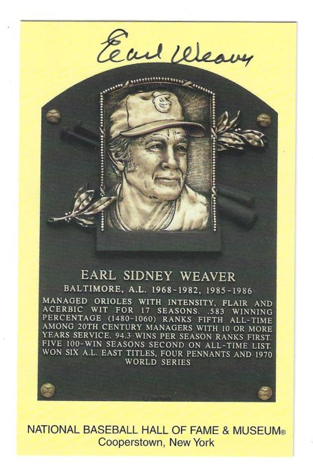 Autographed Earl Weaver Hall of Fame Gold Plaque Postcard